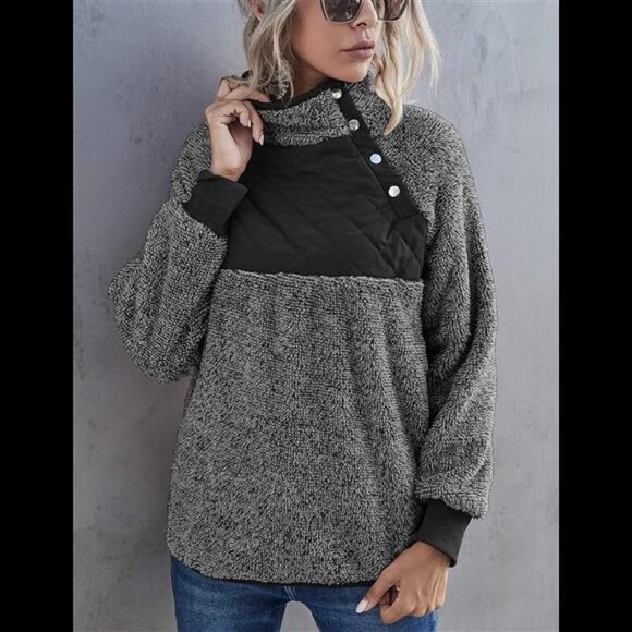 Women Fleece Pullover Sweatshirt Oblique Button Neck Long Sleeve Casual Coat - Picture 1 of 6